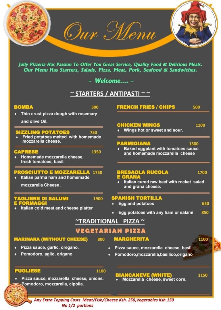 Jolly's hand-printed menu board listing starters and pizzas with prices in Kenyan shillings